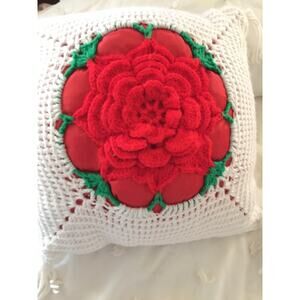 Crochet Flower Rose Square Handmade Couch Bed Pillow Tassels Red White